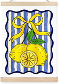 FDHSPAAM Coquette Yellow Bow Lemon Wall Art Decor, Lemon Home Decor, Blue and White Striped Fruit Wall Art Posters for Kitchen Dining Room Living Room Home, 12x16 Inch