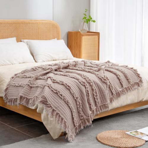 Ultra Soft Pre-Washed Warm Quilted Throw Blanket, Ruffle Fringed Rose King Size Boho Blankets, Stone Washed Chic Rustic Throws for Sofa Couch Bed Chair, 104"x90"