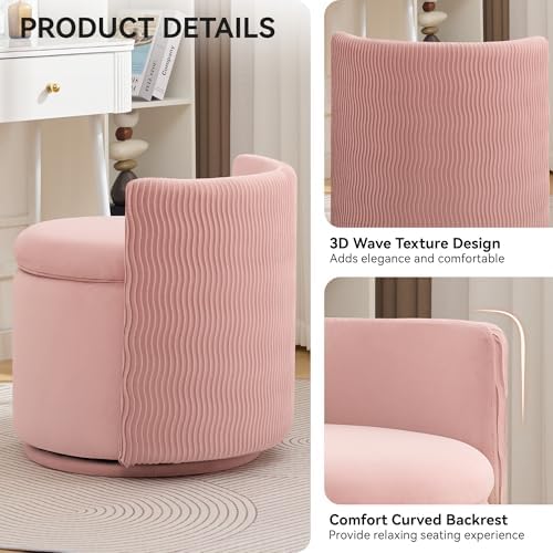 WUTUTUEE Large Velvet Vanity Chair with Storage, 360° Swivel Makeup Chair with Wave Back, No Assembly Small Accent Stool for Bedroom, Dressing, Living Room, Pink