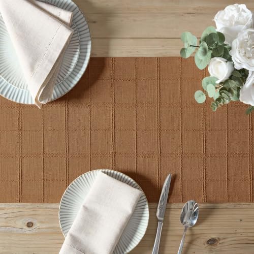 ZeeMart Linen Checked Farmhouse Table Runner, 13x90 Inches Caramel