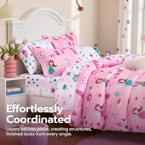 Joiedomi Kids Comforter Set Bedding Set for Boys Girls Super Soft Microfiber Bed in a Bag with Comforter Sheets Pillowcase Sham, Pink Princess, Twin