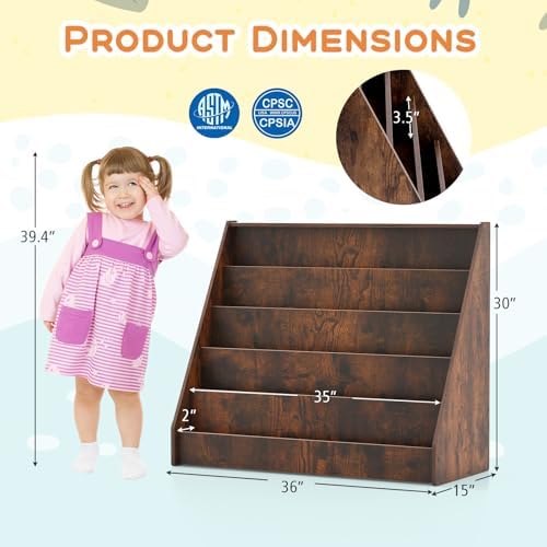 Costzon 5-Tier Kids Bookshelf, Wooden Children Bookcase, Toddler Book Rack, Magazine Storage & Display Shelf, Book Shelf for Kids Room, Living Room, Nursery, Classroom (Brown)