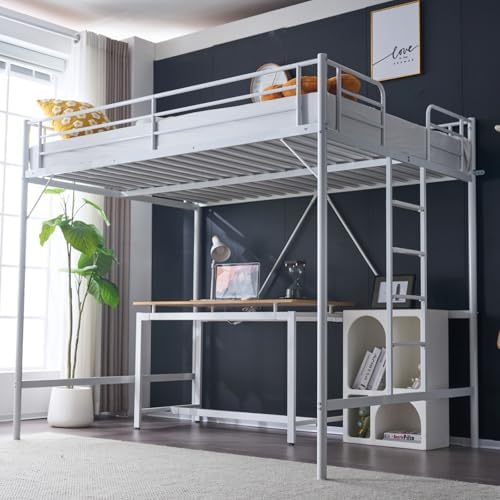 VINGLI Loft Bed Full Size with Flat Rungs for Adults, Kids and Young Teens, No Box Spring Required,Heavy Duty Metal Slat Support,White