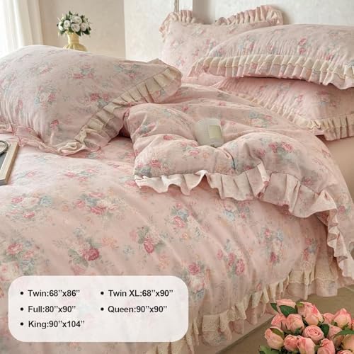 Pink Floral Duvet Cover Set Queen Size 68"×86",100 Cotton Muslin Duvet Cover with 2 Pillowcases,Lace Ruffled Zipper Bedding Set for Kids Teen Girls,Breathable Soft Comforter Covers 90"×90"