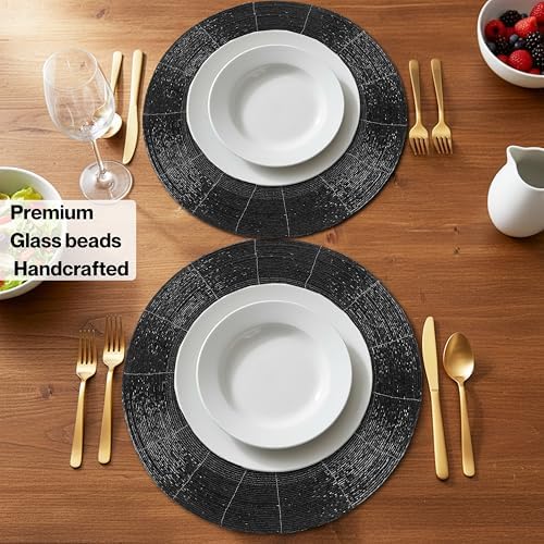 Round Beaded Placemats Set of 4 13 Inch Jet Black Handmade Glass Chargers