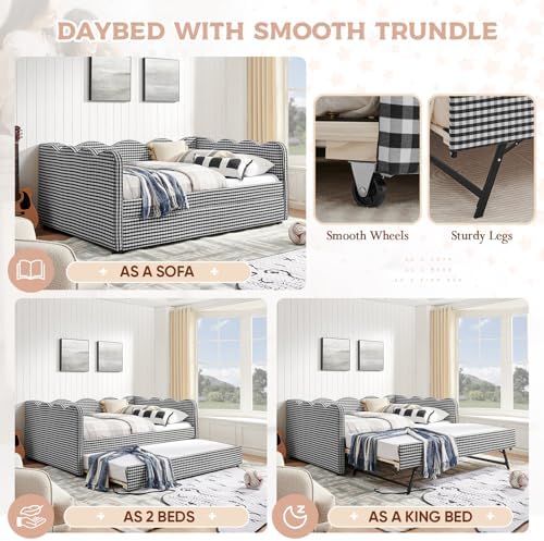 Full Size Daybed with Pop Up Trundle, Linen Gingham Full to King Daybed with USB Ports, Upholstered Day Bed Frame, Modern Sofa Bed for Living Room/Bedroom/Guest Room, No Box Spring Needed, Black