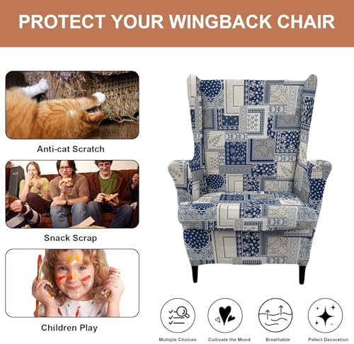 HAOYONG 2 Piece Wingback Chair Covers Stretch Wing Chair Slipcover Printed Wing Back Chair Covers with Arms Washable Spandex Fabric Armchair Cover Protection Furniture for Living Room and Bedroom