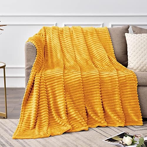 BEDELITE Ribbed Mustard Yellow Fleece Throw Blanket for Couch, 50x60 Inch