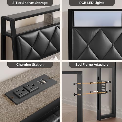 Headboard Full Size with Storage, Charging Station & Lights, Black