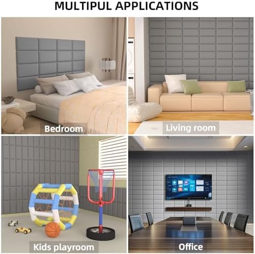 Peel and Stick Headboard Grey Upholstered Wall Panels, 12 Panels Sized 7.8" x 15.7", 3D Anti-Collision Soundproof Self-Adhesive Wall Panel for Bedroom