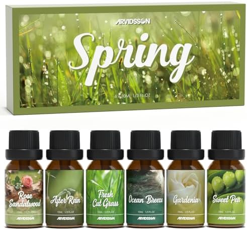 ARVIDSSON Spring Essential Oils Set, Natural Fragrance Oil for Diffuser - After Rain, Ocean Breeze, Fresh Cut Grass, Gardenia, Sweet Pea, Rose Sandalwood, Spring Scented Oil Gift Set