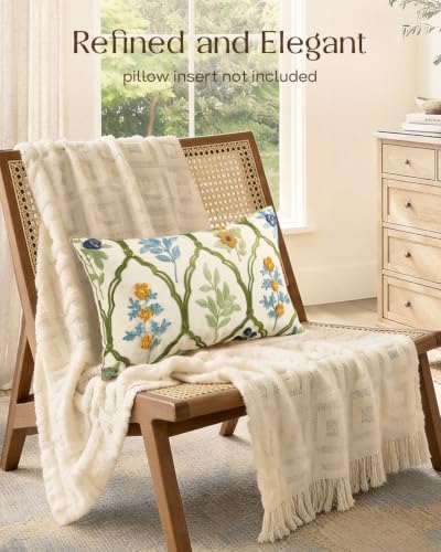 Embroidered Floral Lumbar Pillow Cover 20x12 Inch, Verdant Blooms