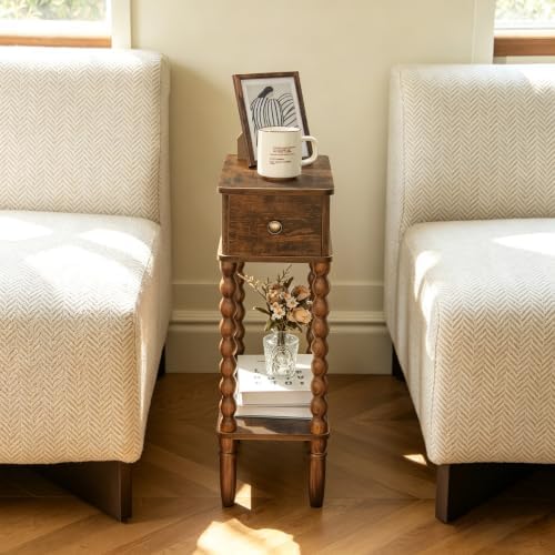 Fultyle Narrow Side Table with Drawer, Skinny End Table with Open Shelf