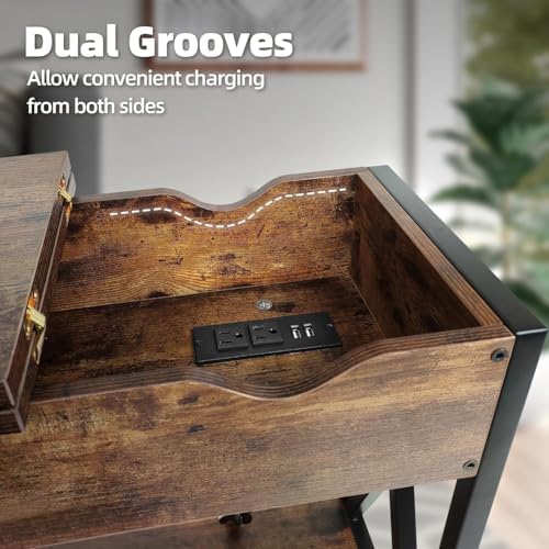 Flip Top End Table with Charging Station, 12" D x 24" W x 24" H, Brown
