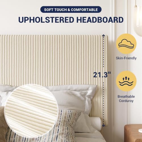 Allewie King Bed Frame, Adjustable Corduroy Headboard, Platform, Cream