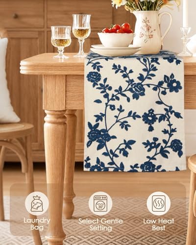 Miss Adola Embroidered Canvas Table Runner 13"x72", Blue and White