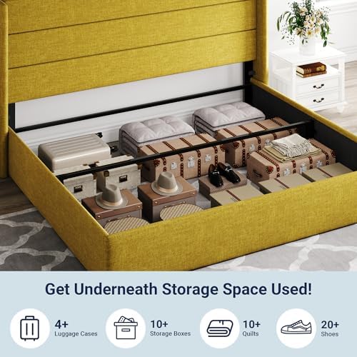 Allewie King Size Lift Up Hydraulic Storage Bed Frame Olive Yellow