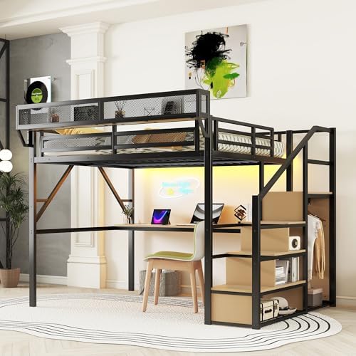 Queen Size Metal Loft Bed Frame with Desk, Staircase, Built-in Storage Shelves and Wardrobe, Modern Loft Bed with Solid Slat, Guardrail, No Box Spring Required, Easy Assembly, for Bedroom, Black