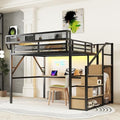 Queen Size Metal Loft Bed Frame with Desk, Staircase, Built-in Storage Shelves and Wardrobe, Modern Loft Bed with Solid Slat, Guardrail, No Box Spring Required, Easy Assembly, for Bedroom, Black
