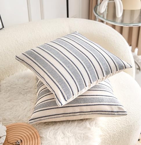 Cethom Decorative Boho Throw Pillow Covers, Farmhouse Textured Pillow Case, 20 x 20 Inch Set of 2, Chair Sofa Bedroom Living Room Decor Couch Cushion Case, Navy Blue and Beige Striped