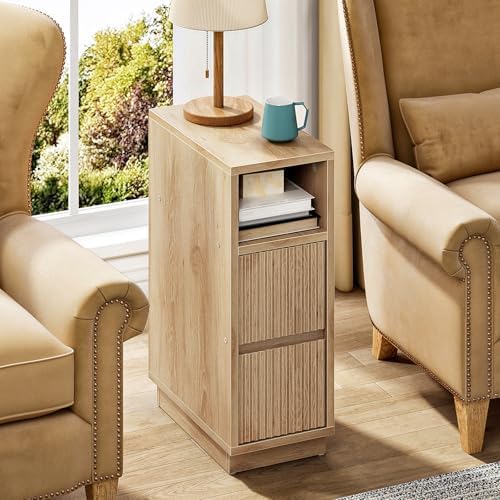 CHOEZON 8.7" Narrow Fluted Nightstand, Small Bedside Table with Drawers, Skinny Side Table, Modern Nightstand with 1 Semi-Open Shelf, Floating End Table, for Living Room, Bedroom, Natural MBZ12NL