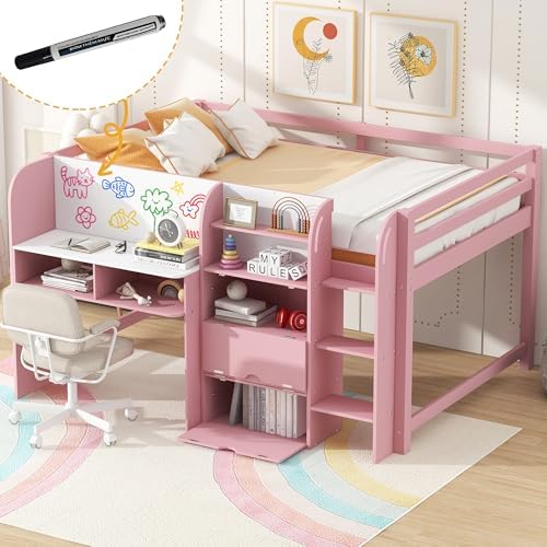 SOFTSEA Full Size Low Loft Bed with Desk and Storage, Pink