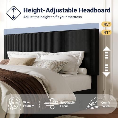 Allewie King Bed Frame, Adjustable Corduroy Headboard, Platform, Black