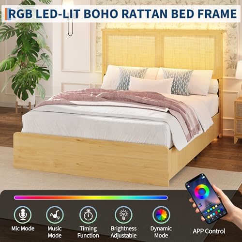 coucheta Bohemian Full Rattan Bed LED Natural Headboard Bedroom