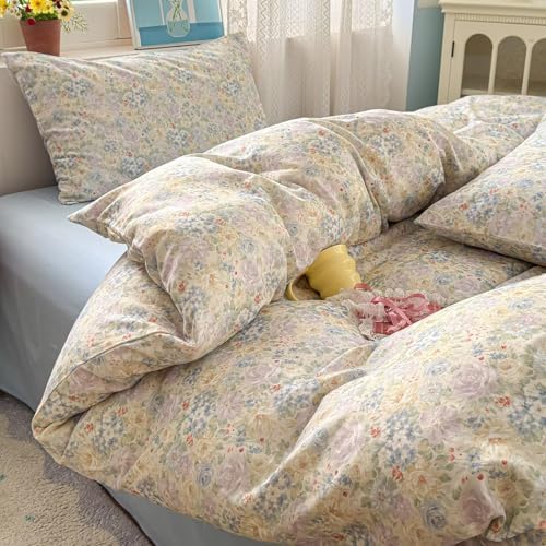 Double Muslin Floral Duvet Cover Twin Size 3 Pieces(1 Duvet Cover with 2 Pillowcases),100% Cotton Soft Comfy Gauze Bedding Set for Women Girls,Breathable Quilt Covers 68"×86"