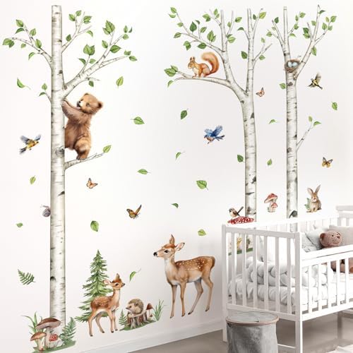 decalmile White Birch Tree Woodland Animals Bear Wall Decals Stickers (XL)