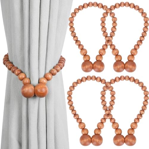 KLOGTSIND Magnetic Curtain Tiebacks, 4 Pack Wood Bead Curtain Holdbacks