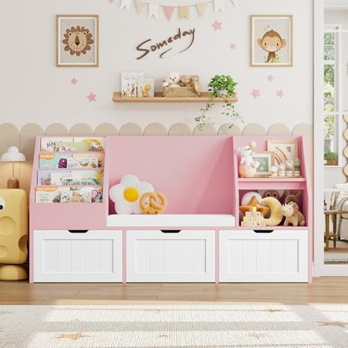 FOTOSOK Kids Bookshelf with Reading Nook, Toy Storage with Seat Cushion