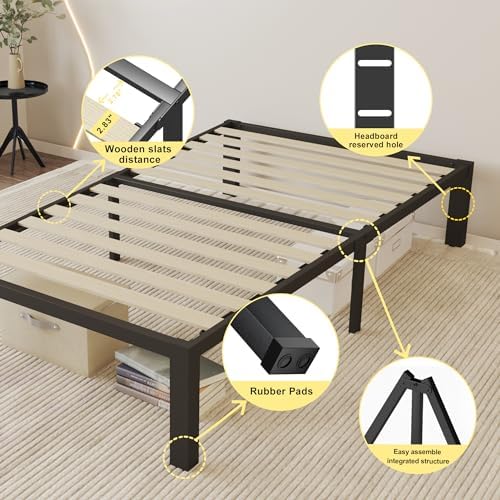 14 Inch Twin Size Bed Frame with Wood Slats & 4 Mattress Baffles