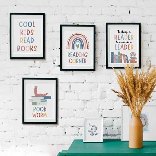4pcs Motivational Reading Posters Wall Art Prints Decor For Classroom Read Corner School Nursery Library - Cool Kids Read Book, Boho Bulletin Decorations for Kids Reading Nook 8x10in, Unframe