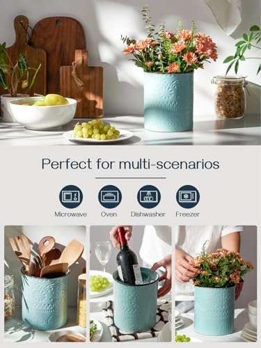DOWAN 7.2" Kitchen Utensil Holder, Extra Large Farmhouse Utensil Holders for Countertop, Ceramic Utensil Crock, Anti Slip Cork Bottom