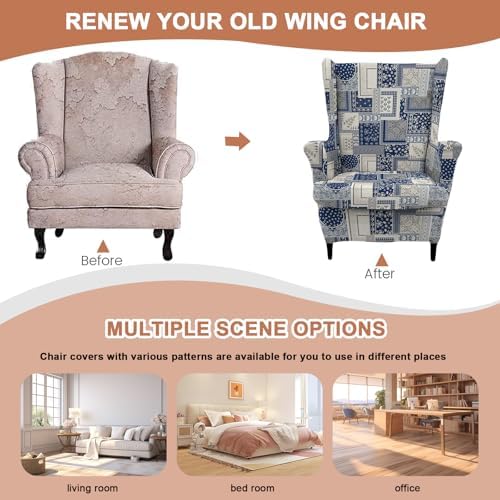 HAOYONG 2 Piece Wingback Chair Covers Stretch Wing Chair Slipcover Printed Wing Back Chair Covers with Arms Washable Spandex Fabric Armchair Cover Protection Furniture for Living Room and Bedroom