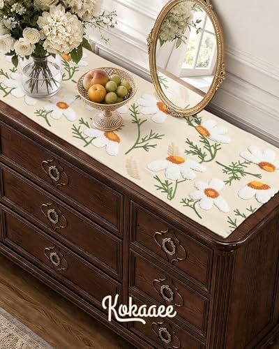 Canvas Embroidered Narrow 13"x 36" Table Runner, Beige Daisy