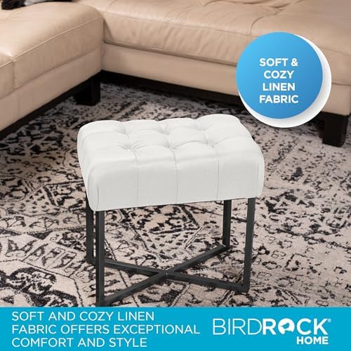 BIRDROCK HOME Rectangle Tufted Linen Ottoman Foot Rest - 19.7x11.82x17.73” Small Foot Stool with Legs - Padded Footrest Modern Ottomans for Living Room Furniture, Bedroom Footstool (Cream)