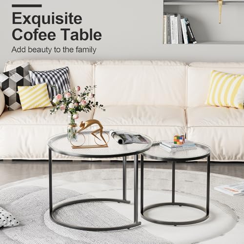 aboxoo Gold Nesting Coffee Table Set of 2, Small Glass Round Nesting Tables for Living Room Bedroom, Accent Tea Table with Black Metal Frame Modern Industrial Simple