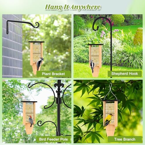 Gbekery Wooden Double Suet Feeder with Tail Prop for Outside, Black Roof