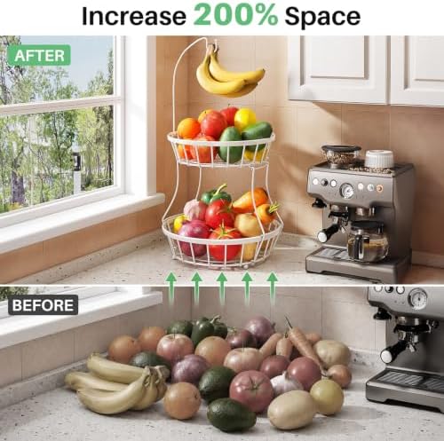 SAYZH 2-Tier Large Fruit Basket Bowl for Kitchen Counter with Banana Hanger