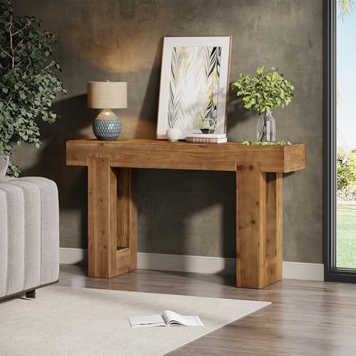Tribesigns 55-Inch Long Console Table, Solid Wood Rectangular Sofa Table Behind The Couch, Farmhouse Entryway Table for Entrance, Hallway, Living Room (Solid Wood, Warm Brown)