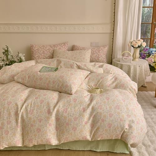 Floral Duvet Cover Twin Size 100% Cotton Double Gauze Twin Comforter Cover Soft Boho Cutecore Zipper Duvet Cover Set with Ties Aesthetic Girl Bedding Set Muslin Duvet Protector