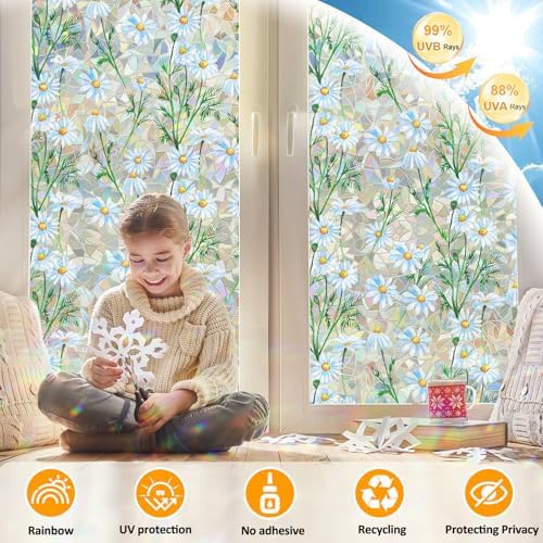 Countewol Privacy Window Films Stain Glass Cling No Glue Anti-UV Window Sticker for Bathroom Bedroom Living Room(Daisy Rainbow 78.7" L*35.4" W)