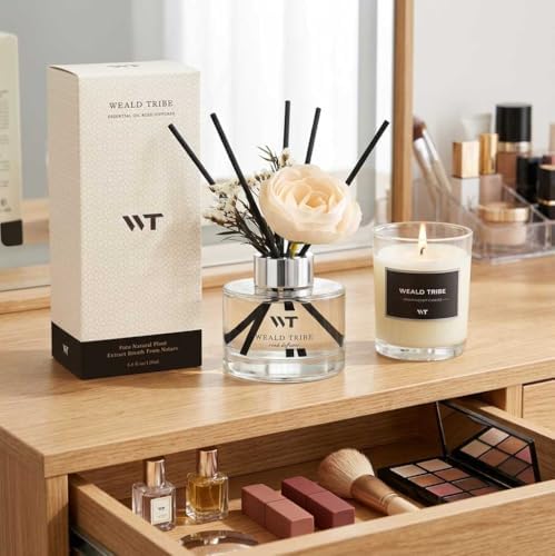 Flower Reed Diffuser Set Sandalwood Rose Scent for Bathroom Accessories Shelf Decor & Air Fresheners, Sticks Defusers with 5.1 fl oz Essential Oils & Leaves, House Bedroom Office Decor & Gifts