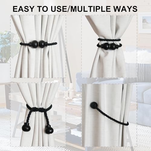 4Pcs Magnetic Curtain Tiebacks Modern Handmade Rope Curtain Tie Backs Black
