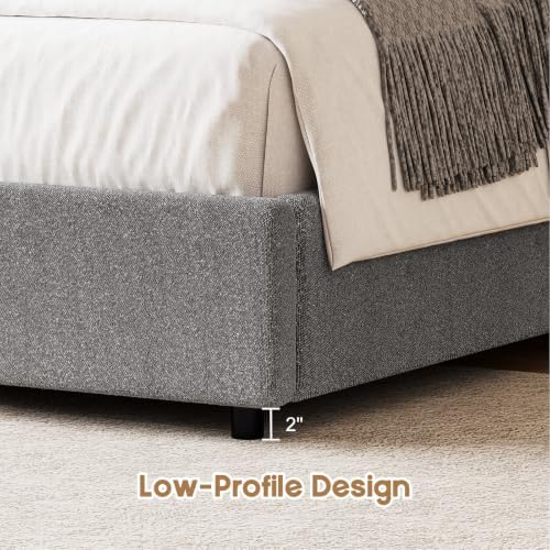 REVOMINCA Full Size Bed Frame, Upholstered Platform Bed with Headboard, Boucle Bed Frame with Round Corner, No Box Spring Required, Easy Assembly, Grey