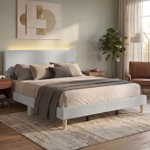 Bestier King Size Bed Frame with Headboard LED Light,Upholstered,Light Grey