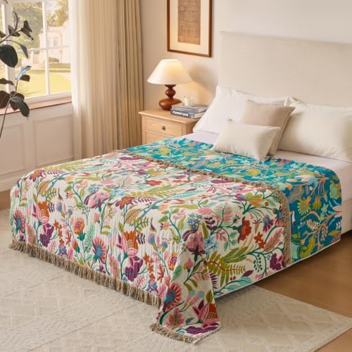 Boho Throw Blanket, 100% Soft Cotton Floral Quilt, Twin 60"x 80"