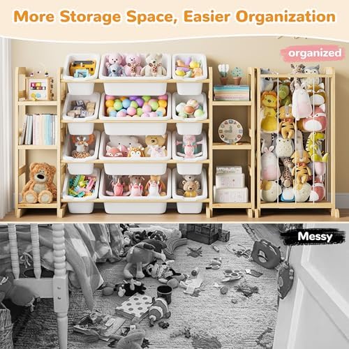 Toy Storage Organizer 12 Bins, 6 Shelves and Stuffed Animal Storage Tower, 3-in-1 Toy Organizers and Storage, Kids Storage Organizer for Playroom, Bedroom, Nursery (Wood-Plushies Storage)